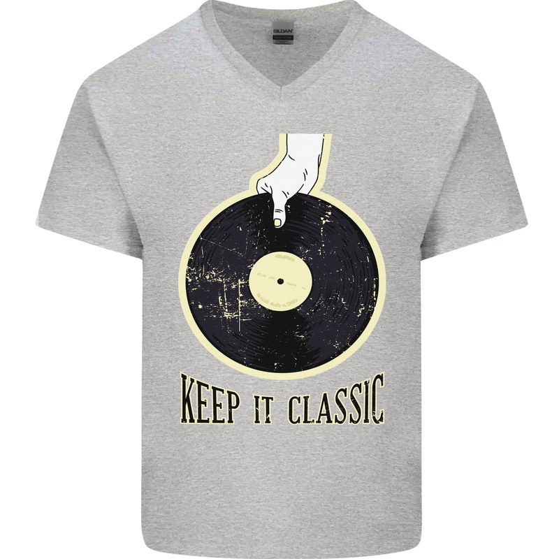 Vinyl Records Keep it Classic DJ Decks Mens V-Neck Cotton T-Shirt Sports Grey