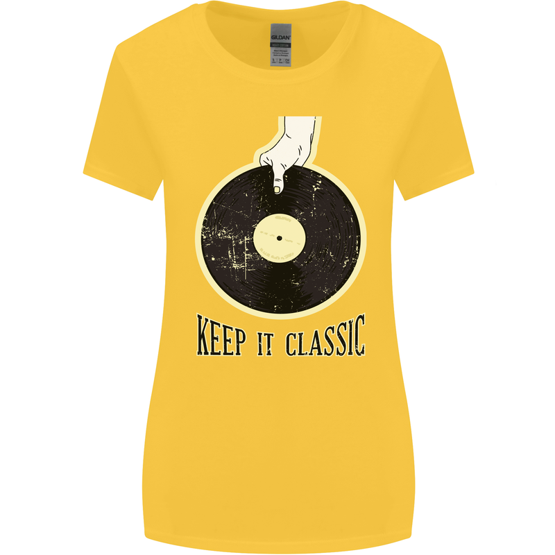 Vinyl Records Keep it Classic DJ Decks Womens Wider Cut T-Shirt Yellow