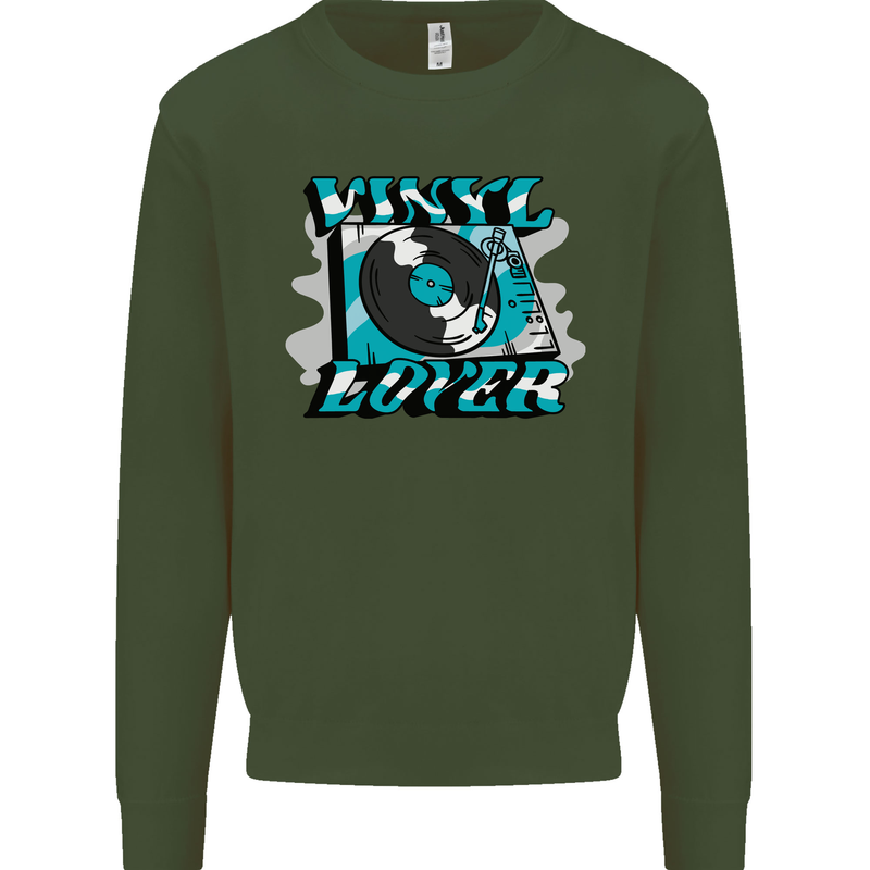 Vinyl Records Lover DJ Decks Turntable Kids Sweatshirt Jumper Forest Green