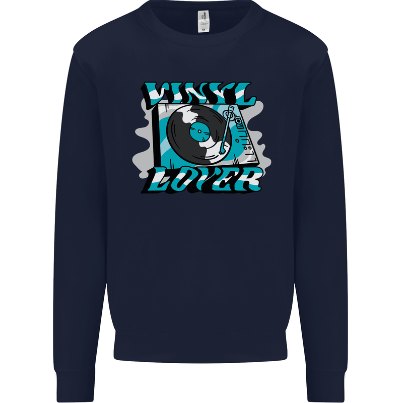 Vinyl Records Lover DJ Decks Turntable Mens Sweatshirt Jumper Navy Blue