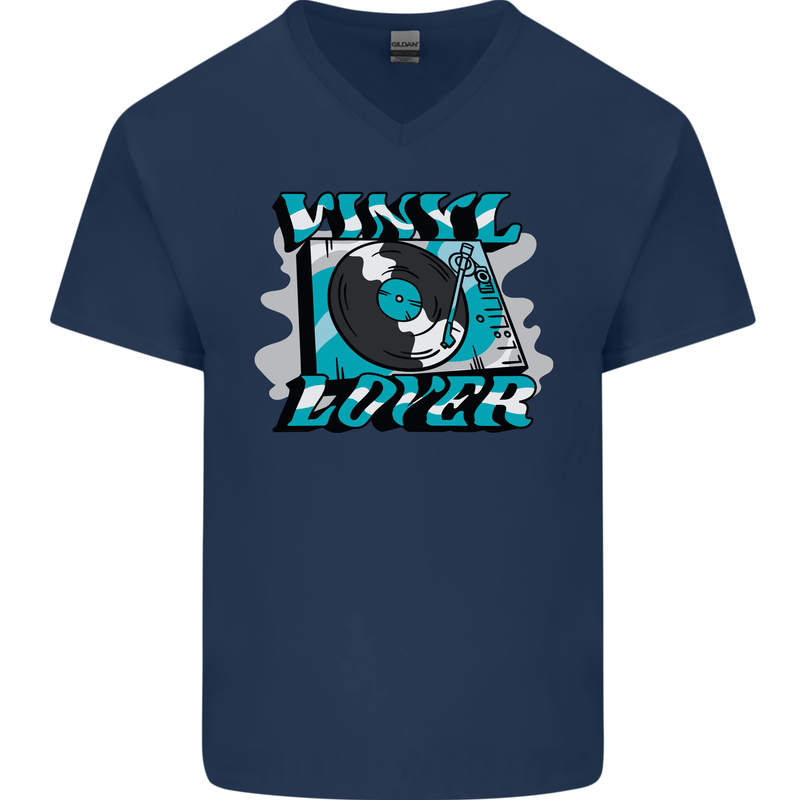 Vinyl Records Lover DJ Decks Turntable Mens V-Neck Cotton T-Shirt Navy Blue