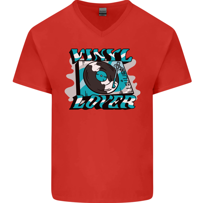 Vinyl Records Lover DJ Decks Turntable Mens V-Neck Cotton T-Shirt Red