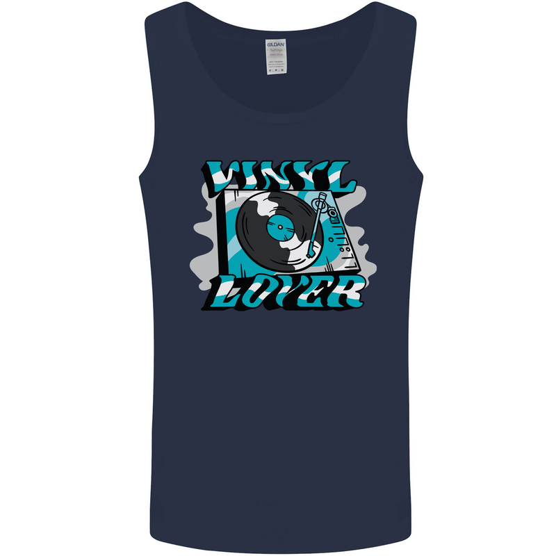 Vinyl Records Lover DJ Decks Turntable Mens Vest Tank Top Navy Blue