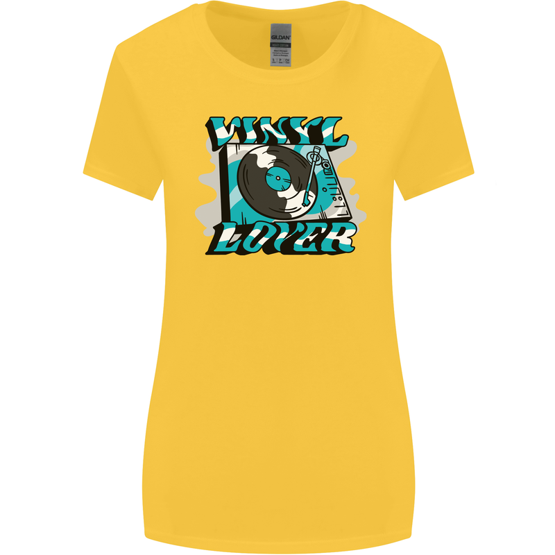 Vinyl Records Lover DJ Decks Turntable Womens Wider Cut T-Shirt Yellow