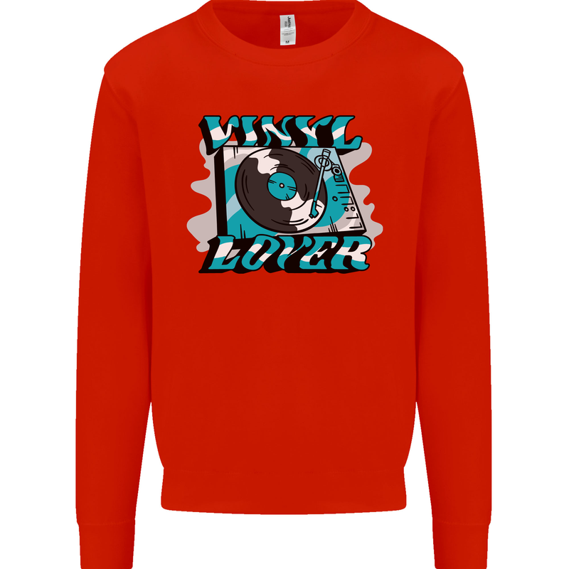 Vinyl Records Lover Decks Turntable DJ Kids Sweatshirt Jumper Bright Red