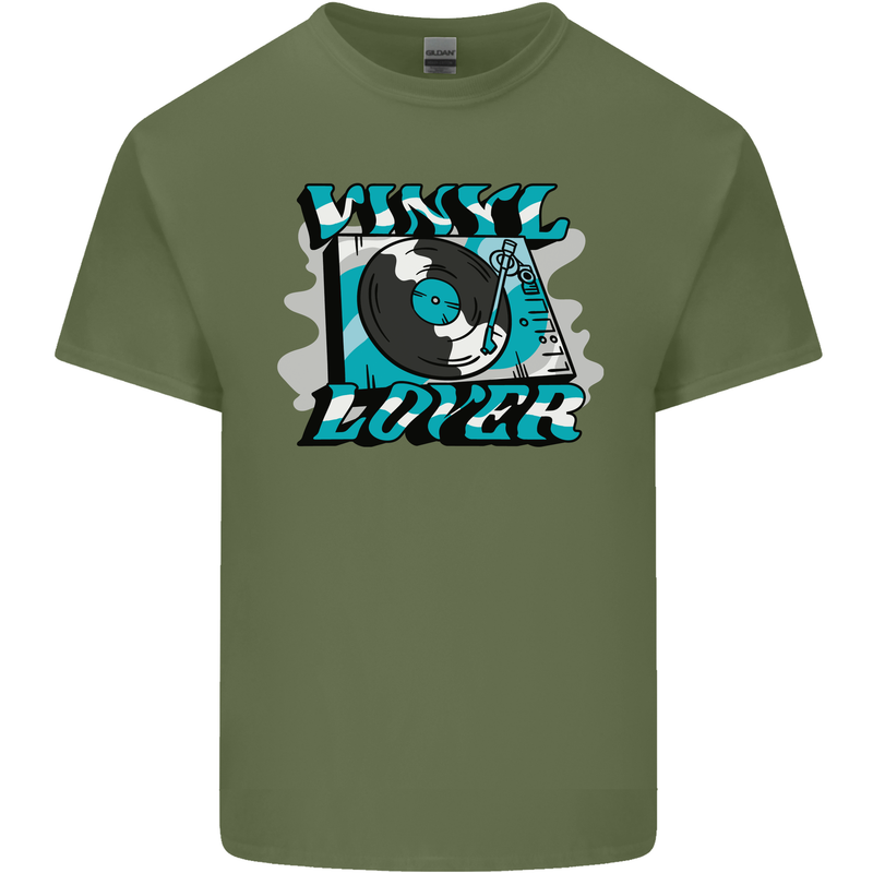 Vinyl Records Lover Decks Turntable DJ Mens Cotton T-Shirt Tee Top Military Green
