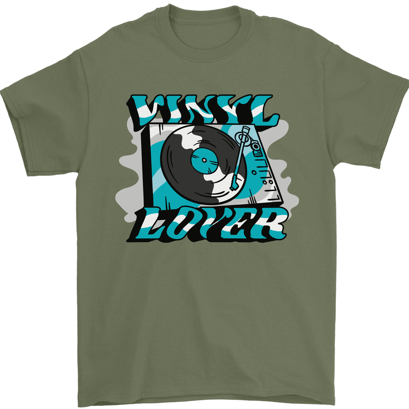 Vinyl Records Lover Decks Turntable DJ Mens T-Shirt 100% Cotton Military Green