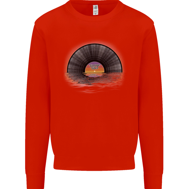 Vinyl Sunset Record LP Turntable Music Mens Sweatshirt Jumper Bright Red