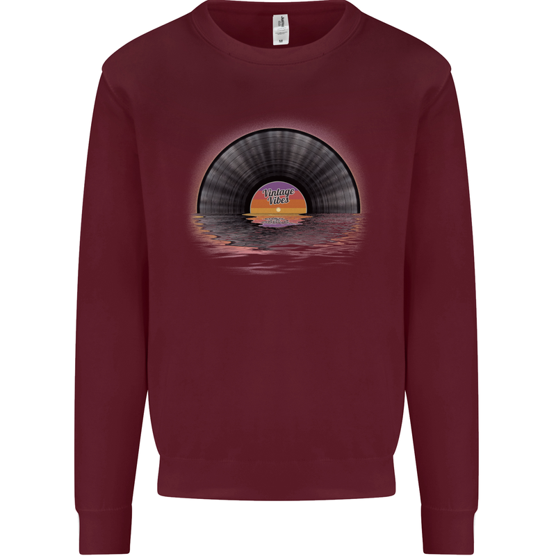 Vinyl Sunset Record LP Turntable Music Mens Sweatshirt Jumper Maroon