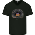 Vinyl Sunset Record LP Turntable Music Mens V-Neck Cotton T-Shirt Black