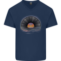 Vinyl Sunset Record LP Turntable Music Mens V-Neck Cotton T-Shirt Navy Blue