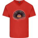 Vinyl Sunset Record LP Turntable Music Mens V-Neck Cotton T-Shirt Red