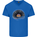 Vinyl Sunset Record LP Turntable Music Mens V-Neck Cotton T-Shirt Royal Blue