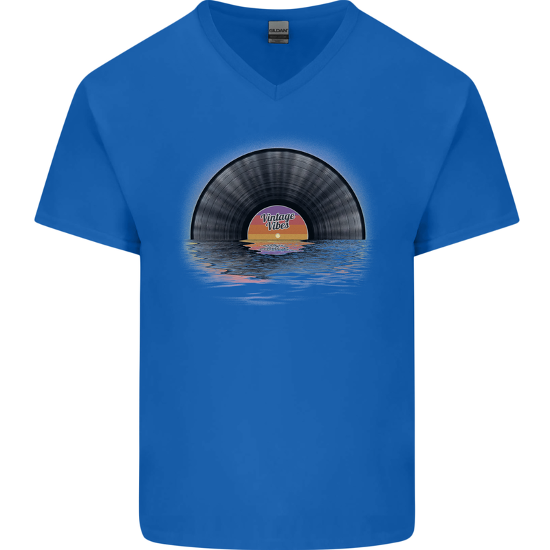 Vinyl Sunset Record LP Turntable Music Mens V-Neck Cotton T-Shirt Royal Blue