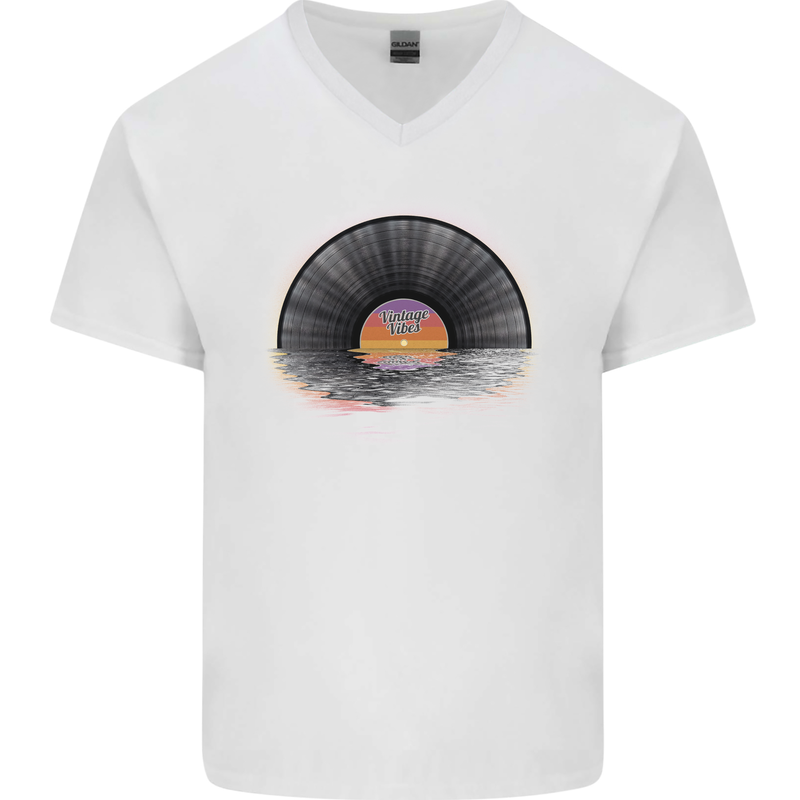 Vinyl Sunset Record LP Turntable Music Mens V-Neck Cotton T-Shirt White