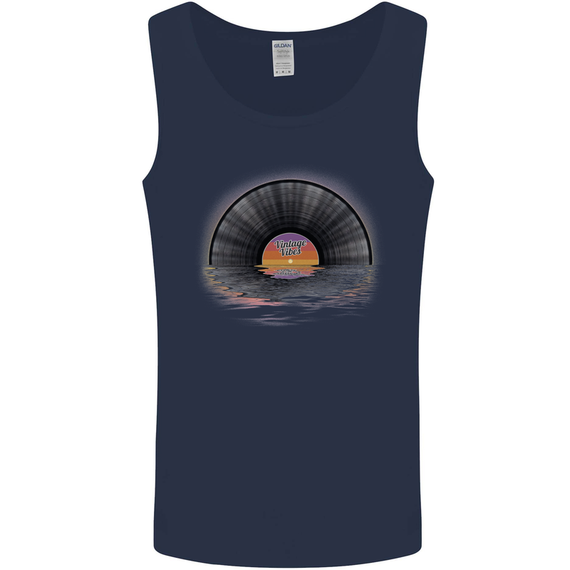 Vinyl Sunset Record LP Turntable Music Mens Vest Tank Top Navy Blue