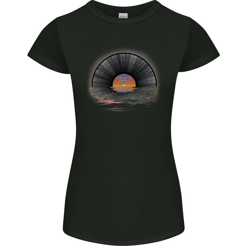 Vinyl Sunset Record LP Turntable Music Womens Petite Cut T-Shirt Black