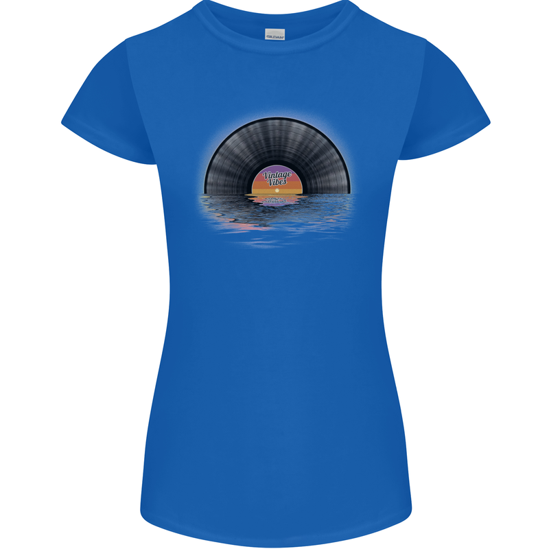 Vinyl Sunset Record LP Turntable Music Womens Petite Cut T-Shirt Royal Blue