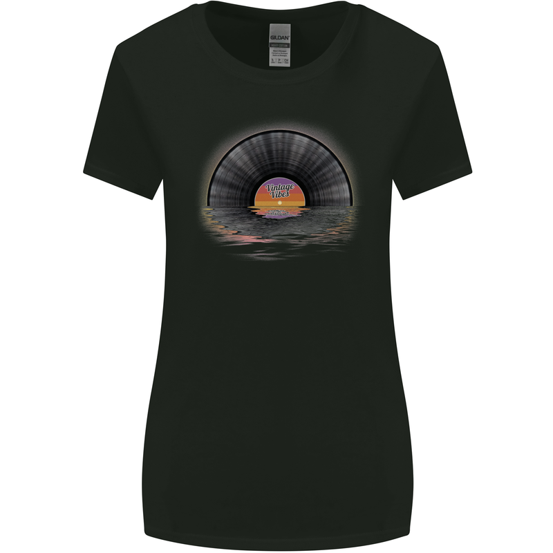 Vinyl Sunset Record LP Turntable Music Womens Wider Cut T-Shirt Black