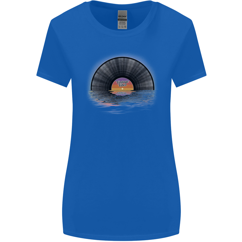 Vinyl Sunset Record LP Turntable Music Womens Wider Cut T-Shirt Royal Blue
