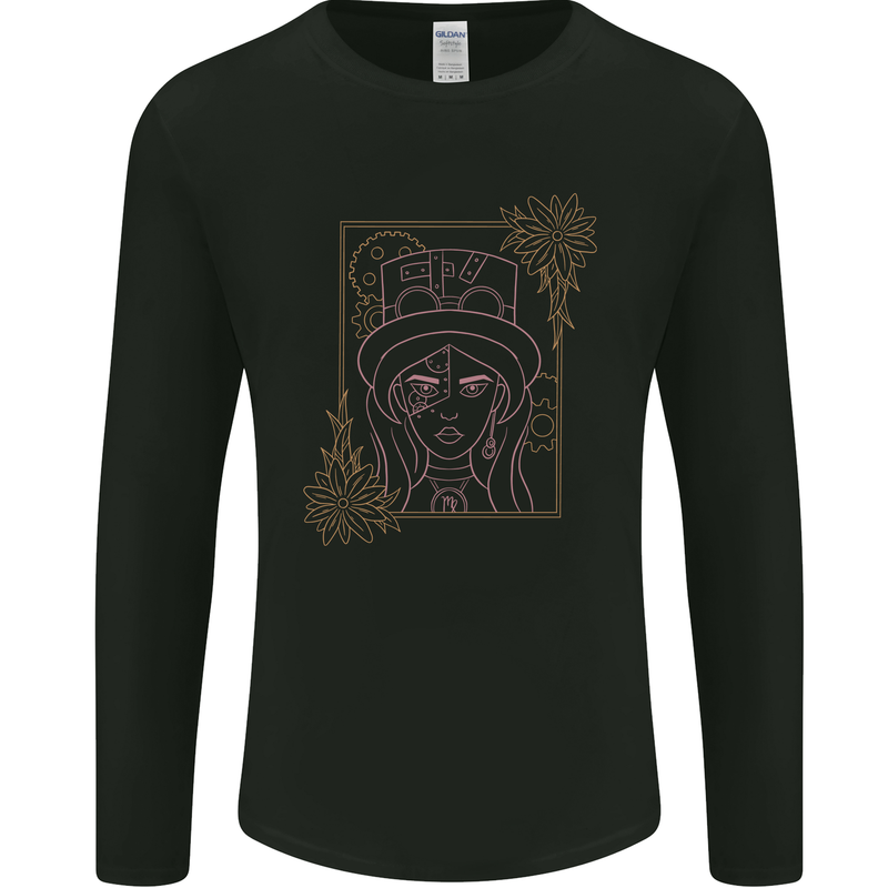 Virgo Steampunk Zodiac Star Sign Astrological Mens Long Sleeve T-Shirt Black