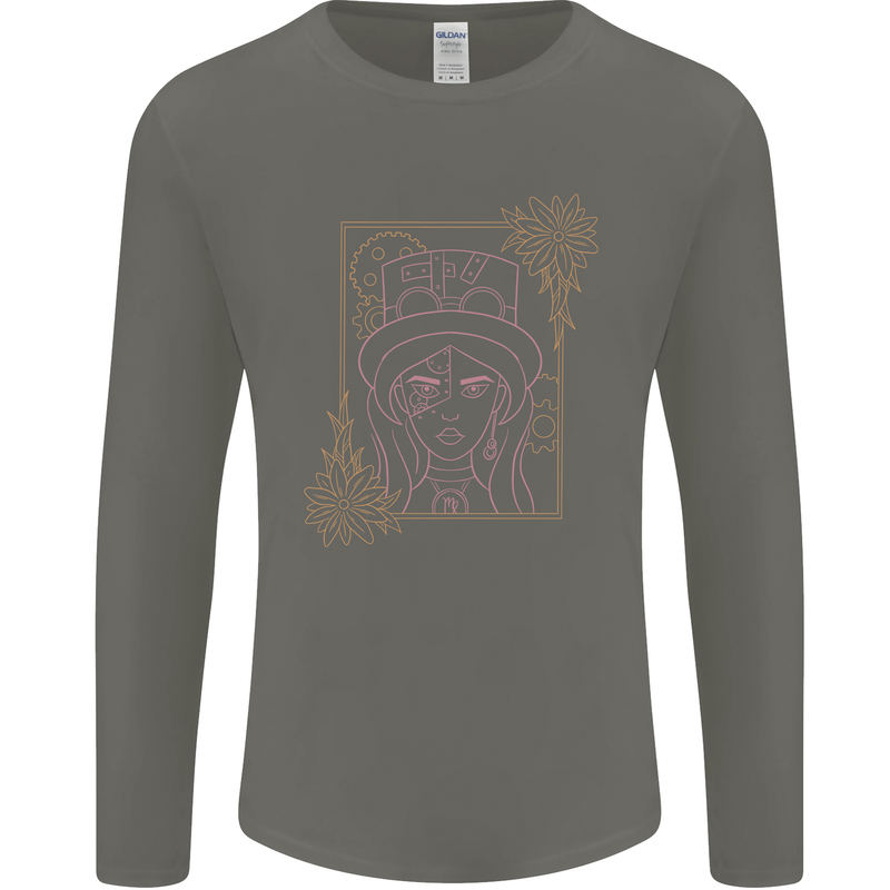 Virgo Steampunk Zodiac Star Sign Astrological Mens Long Sleeve T-Shirt Charcoal