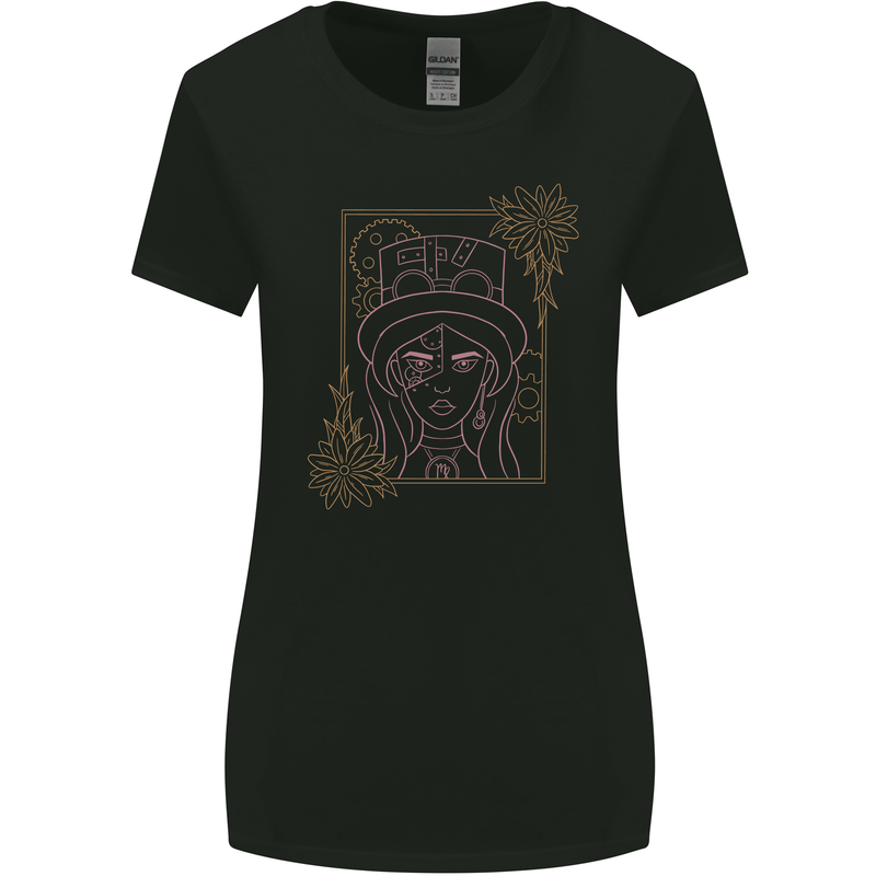 Virgo Steampunk Zodiac Star Sign Astrological Womens Wider Cut T-Shirt Black