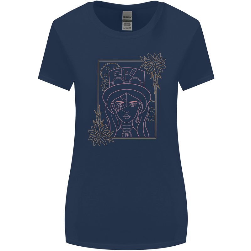 Virgo Steampunk Zodiac Star Sign Astrological Womens Wider Cut T-Shirt Navy Blue