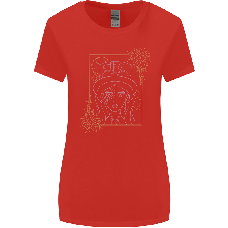 Virgo Steampunk Zodiac Star Sign Astrological Womens Wider Cut T-Shirt Red