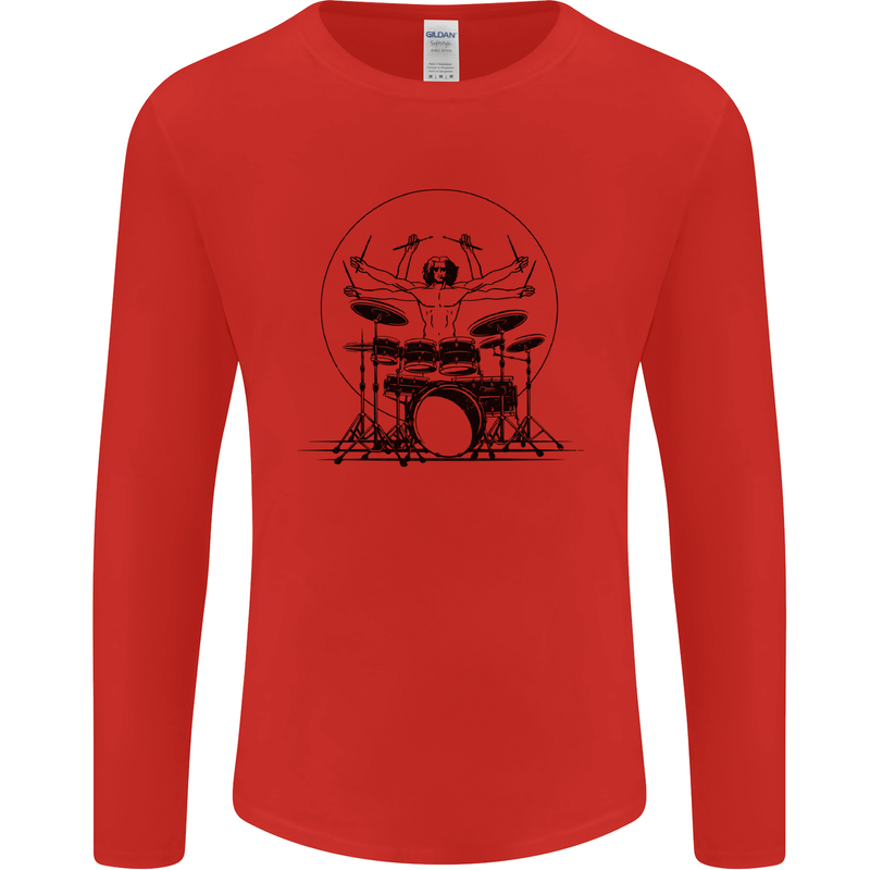 Virtruvian Drummer Funny Drumming Drum Mens Long Sleeve T-Shirt Red