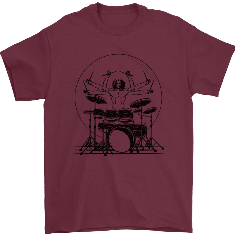 Virtruvian Drummer Funny Drumming Drum Mens T-Shirt 100% Cotton Maroon