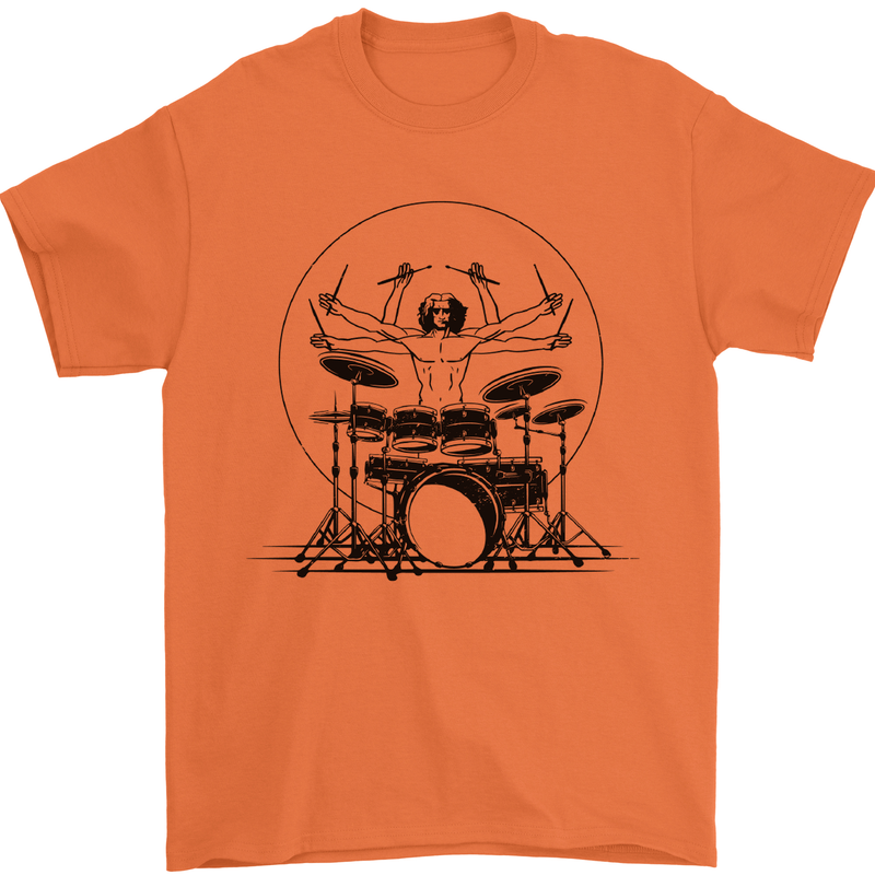 Virtruvian Drummer Funny Drumming Drum Mens T-Shirt 100% Cotton Orange