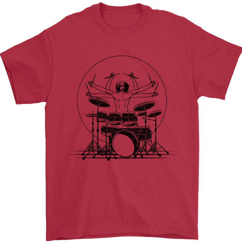 Virtruvian Drummer Funny Drumming Drum Mens T-Shirt 100% Cotton Red