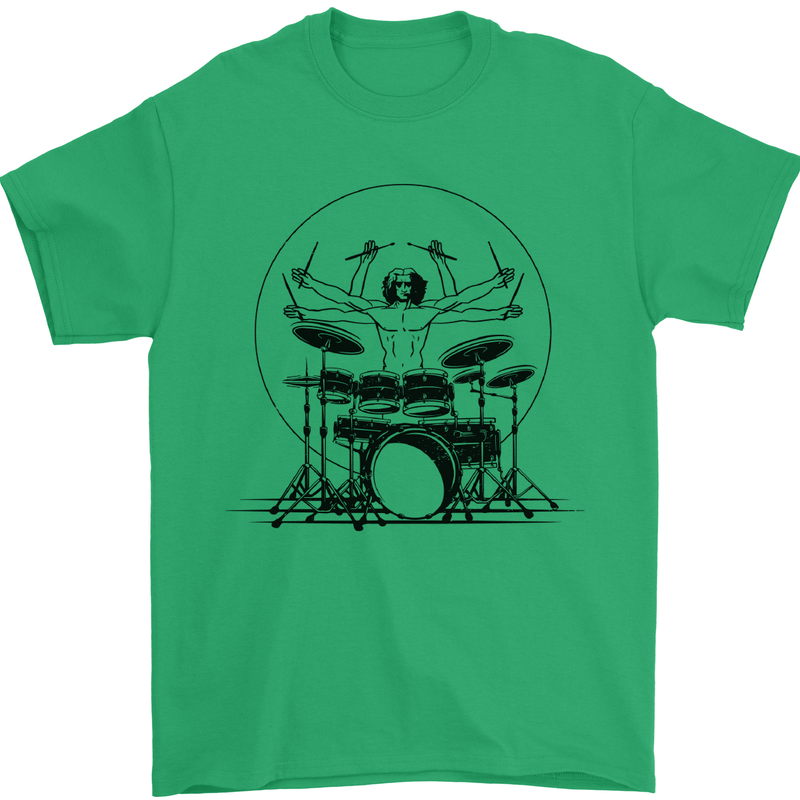 Virtruvian Drummer Funny Drumming Drum Mens T-Shirt Cotton Gildan Irish Green