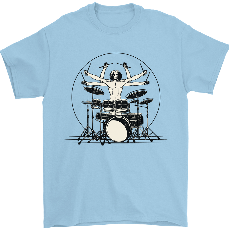 Virtruvian Drummer Funny Drumming Drum Mens T-Shirt Cotton Gildan Light Blue