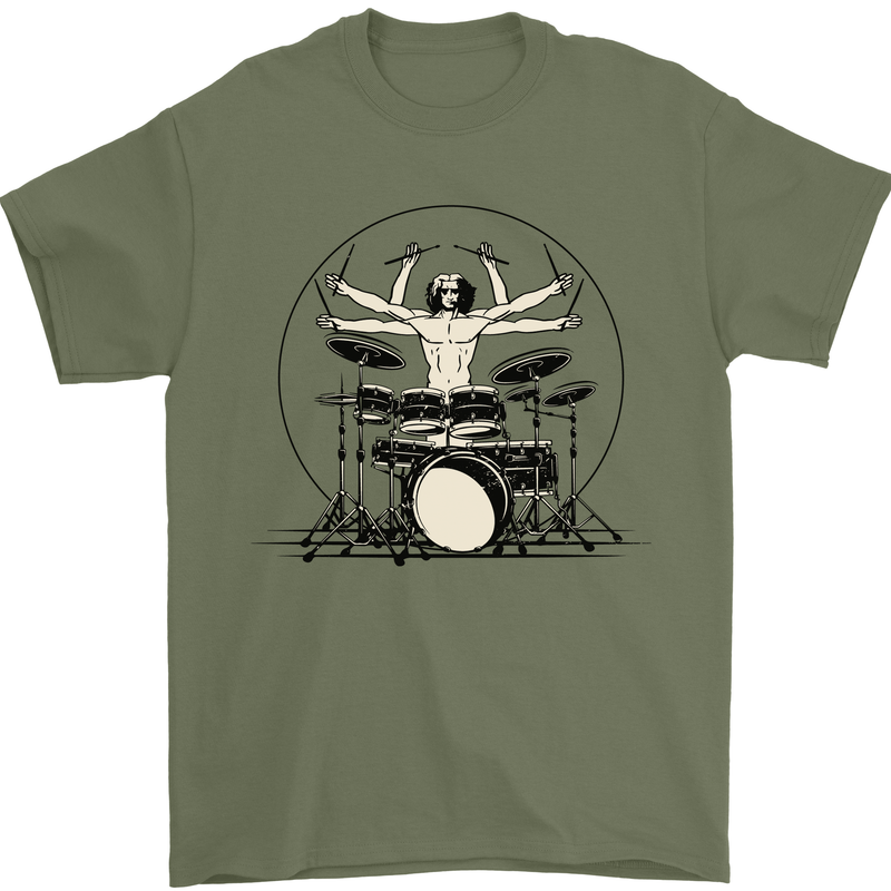Virtruvian Drummer Funny Drumming Drum Mens T-Shirt Cotton Gildan Military Green