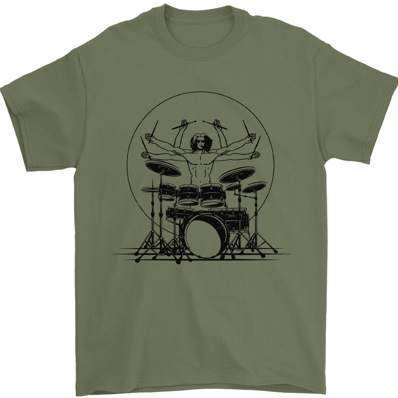 Virtruvian Drummer Funny Drumming Drum Mens T-Shirt Cotton Gildan Military Green