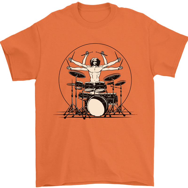 Virtruvian Drummer Funny Drumming Drum Mens T-Shirt Cotton Gildan Orange