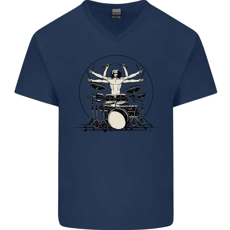 Virtruvian Drummer Funny Drumming Drum Mens V-Neck Cotton T-Shirt Navy Blue
