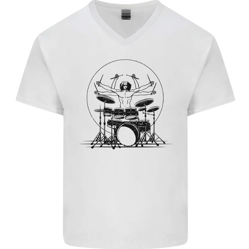 Virtruvian Drummer Funny Drumming Drum Mens V-Neck Cotton T-Shirt White