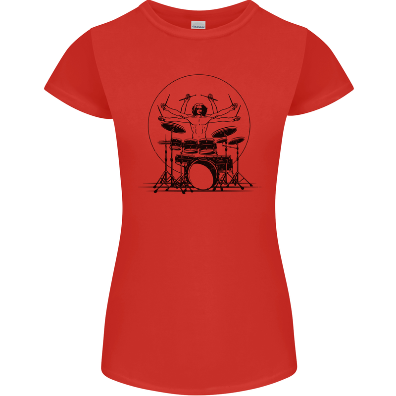 Virtruvian Drummer Funny Drumming Drum Womens Petite Cut T-Shirt Red