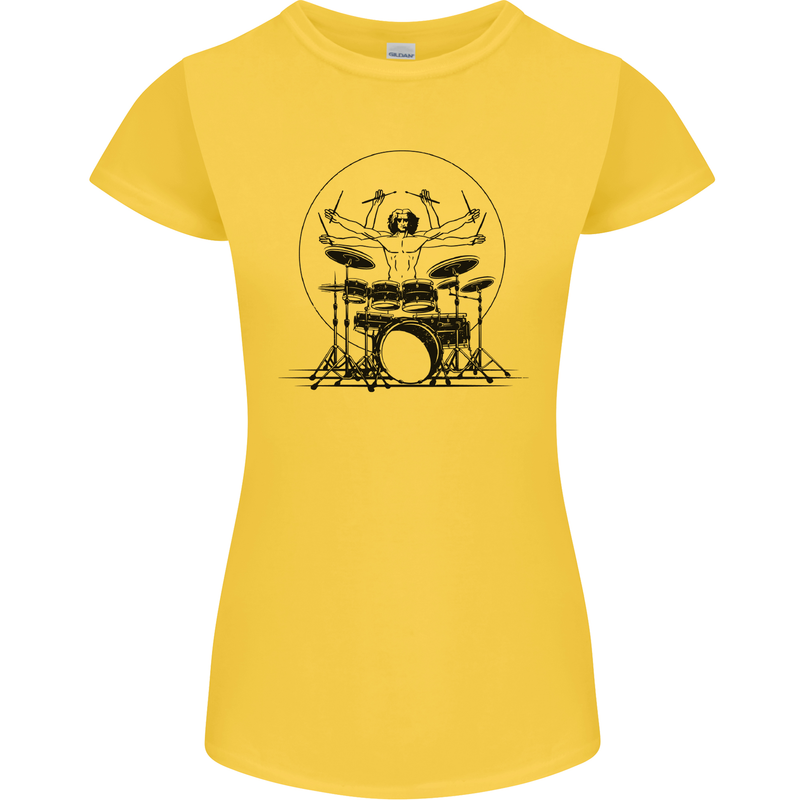 Virtruvian Drummer Funny Drumming Drum Womens Petite Cut T-Shirt Yellow