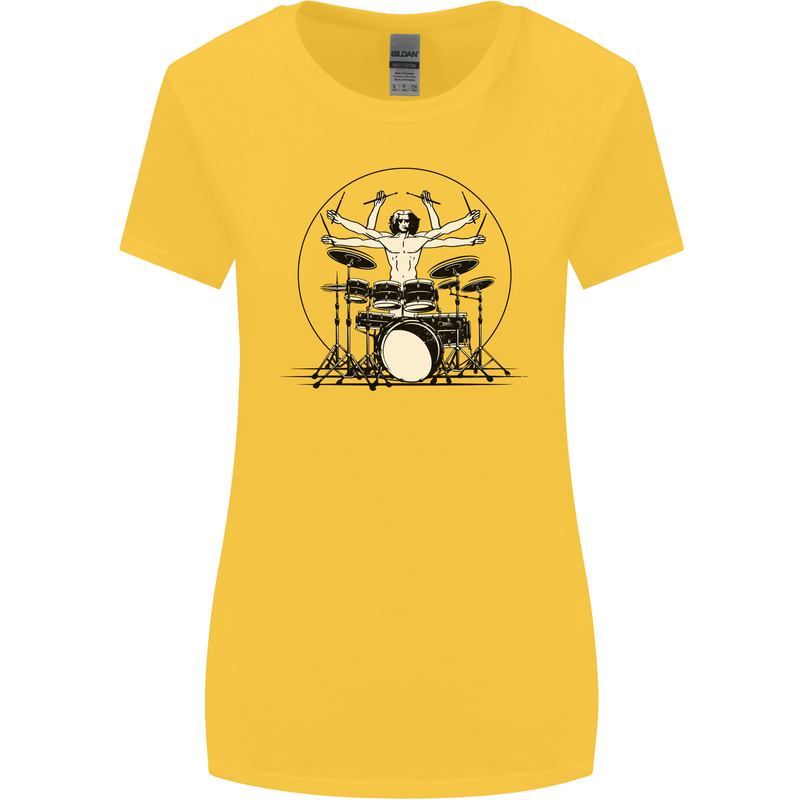 Virtruvian Drummer Funny Drumming Drum Womens Wider Cut T-Shirt Yellow