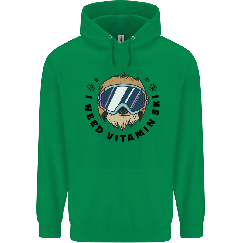 Vitamin Ski Funny Skiing Sloth Childrens Kids Hoodie Irish Green