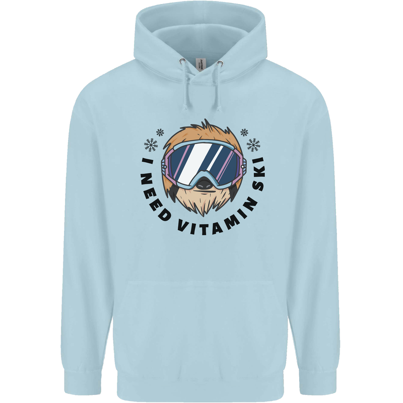 Vitamin Ski Funny Skiing Sloth Childrens Kids Hoodie Light Blue