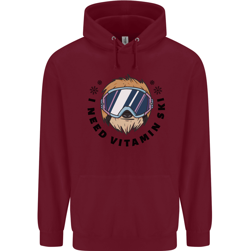 Vitamin Ski Funny Skiing Sloth Childrens Kids Hoodie Maroon