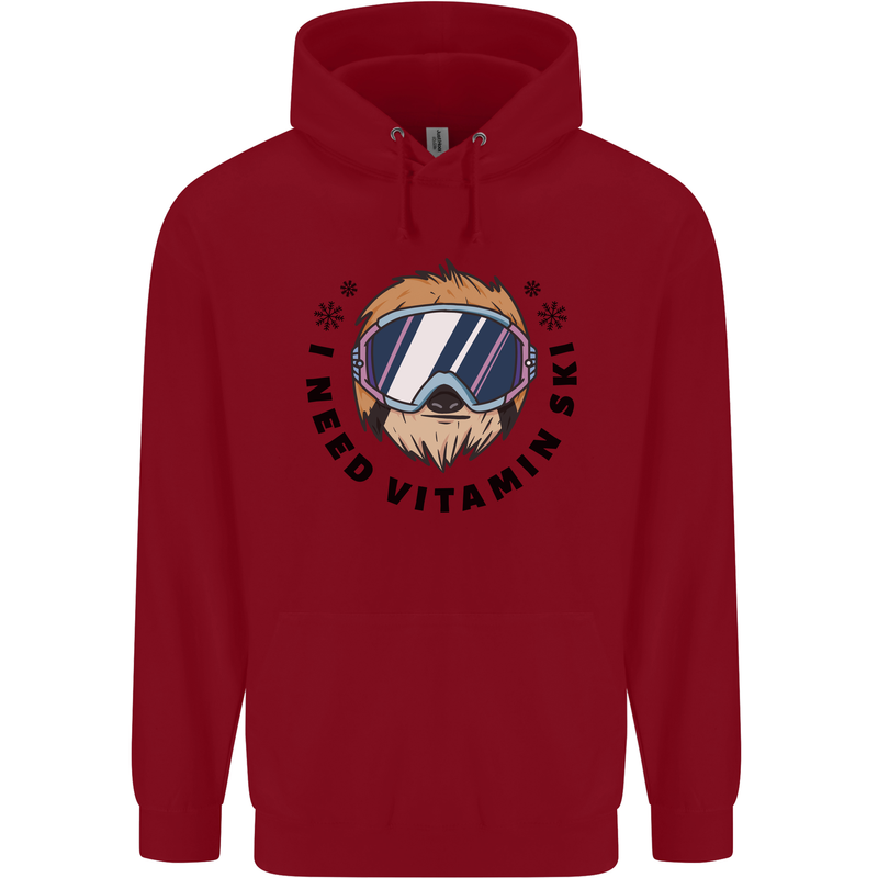 Vitamin Ski Funny Skiing Sloth Childrens Kids Hoodie Red