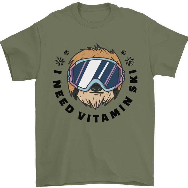 Vitamin Ski Funny Skiing Sloth Mens T-Shirt 100% Cotton Military Green