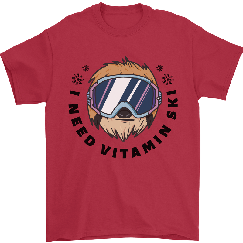 Vitamin Ski Funny Skiing Sloth Mens T-Shirt 100% Cotton Red