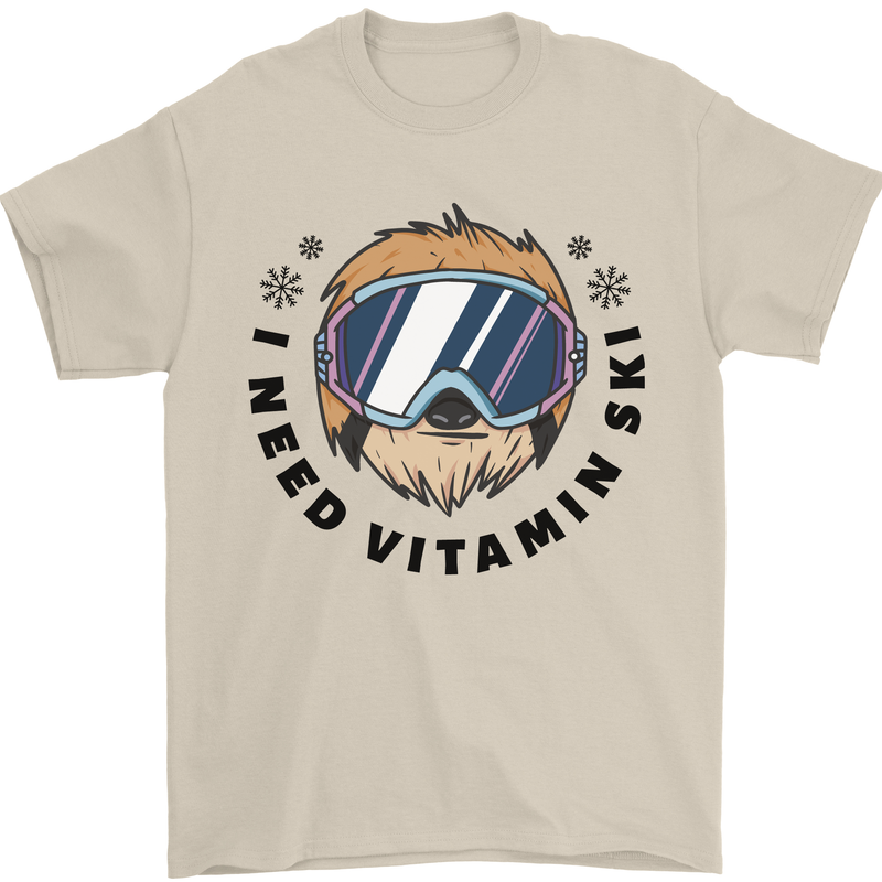 Vitamin Ski Funny Skiing Sloth Mens T-Shirt 100% Cotton Sand